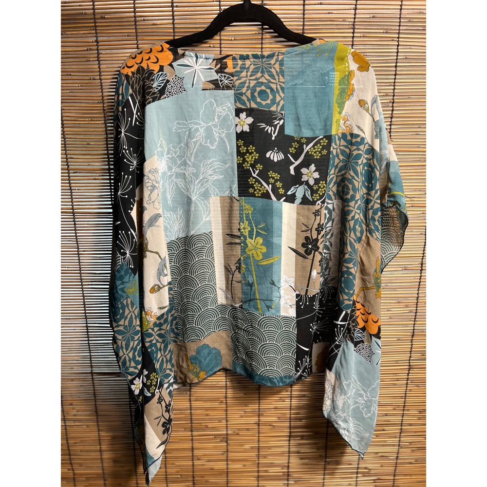 Patchwork Floral Geometric Boho Poncho Top Multi-Color Draped Blouse